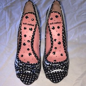 Not Rated 4” open toed black/white polka dot heels